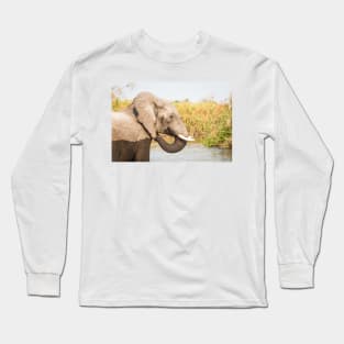 African Bush Elephant Feeding In River Long Sleeve T-Shirt